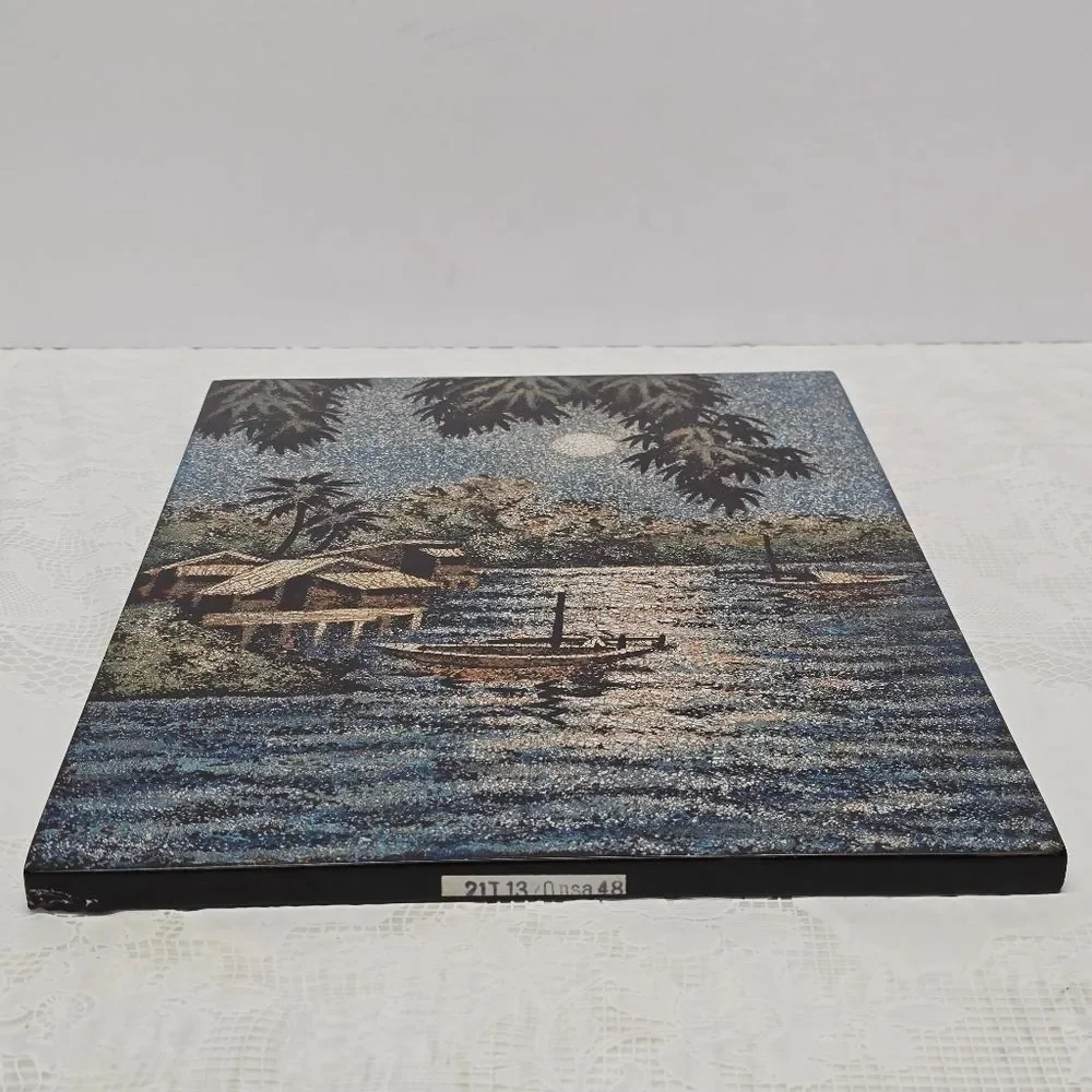 Vintage Vietnamese Village Wooden Black Lacquered Eggshell Inlay Art Plaque